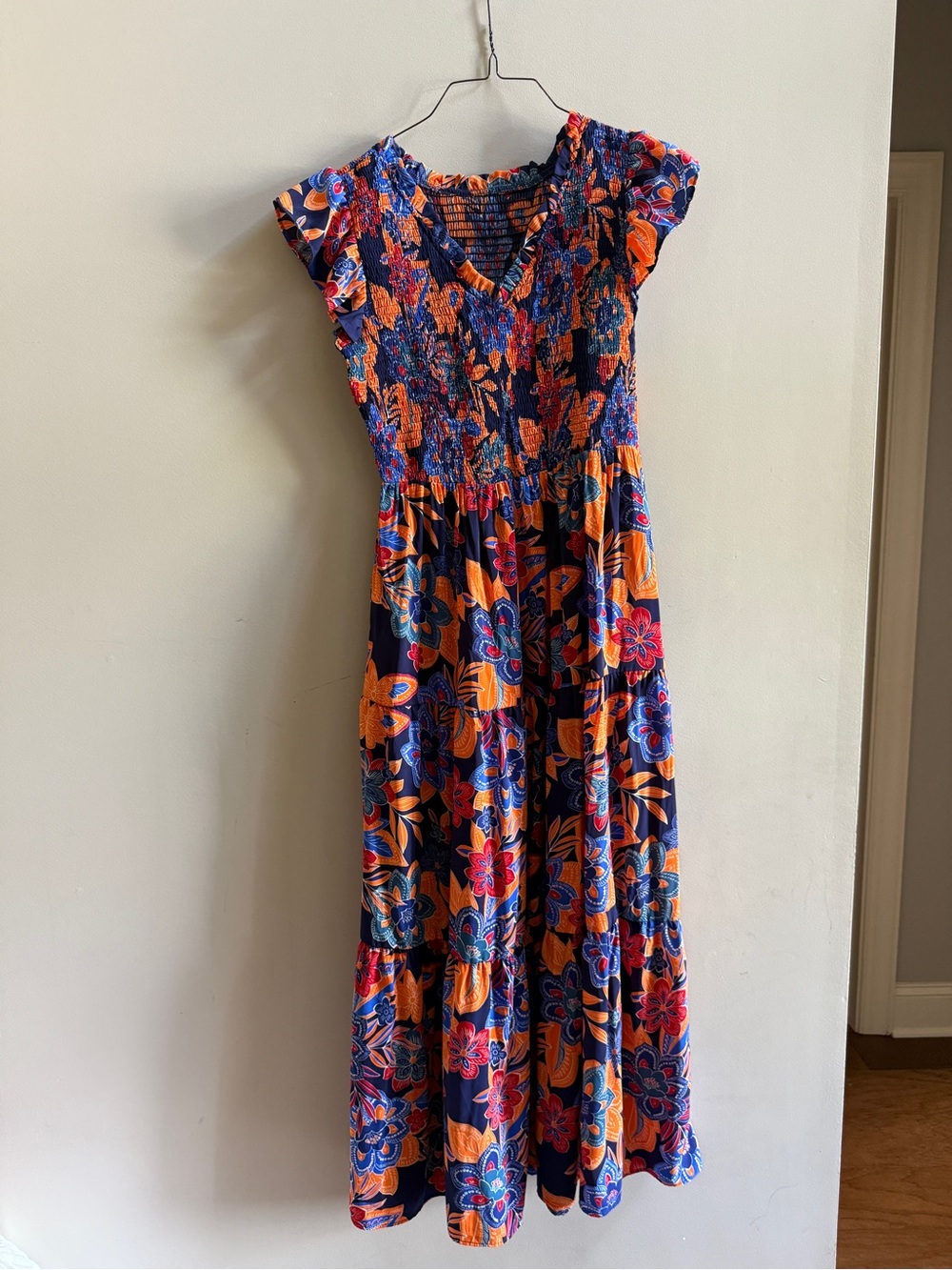 Navy Floral Smocked Maxi Dress with Orange & Blue Flowers